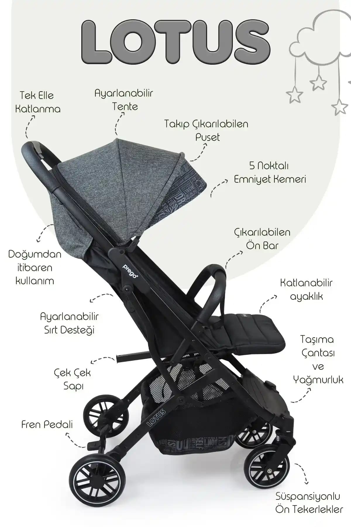 Prego Lotus Kompakt ve Hafif Bebek Arabası ile Günlük Kullanım Kolaylığı
