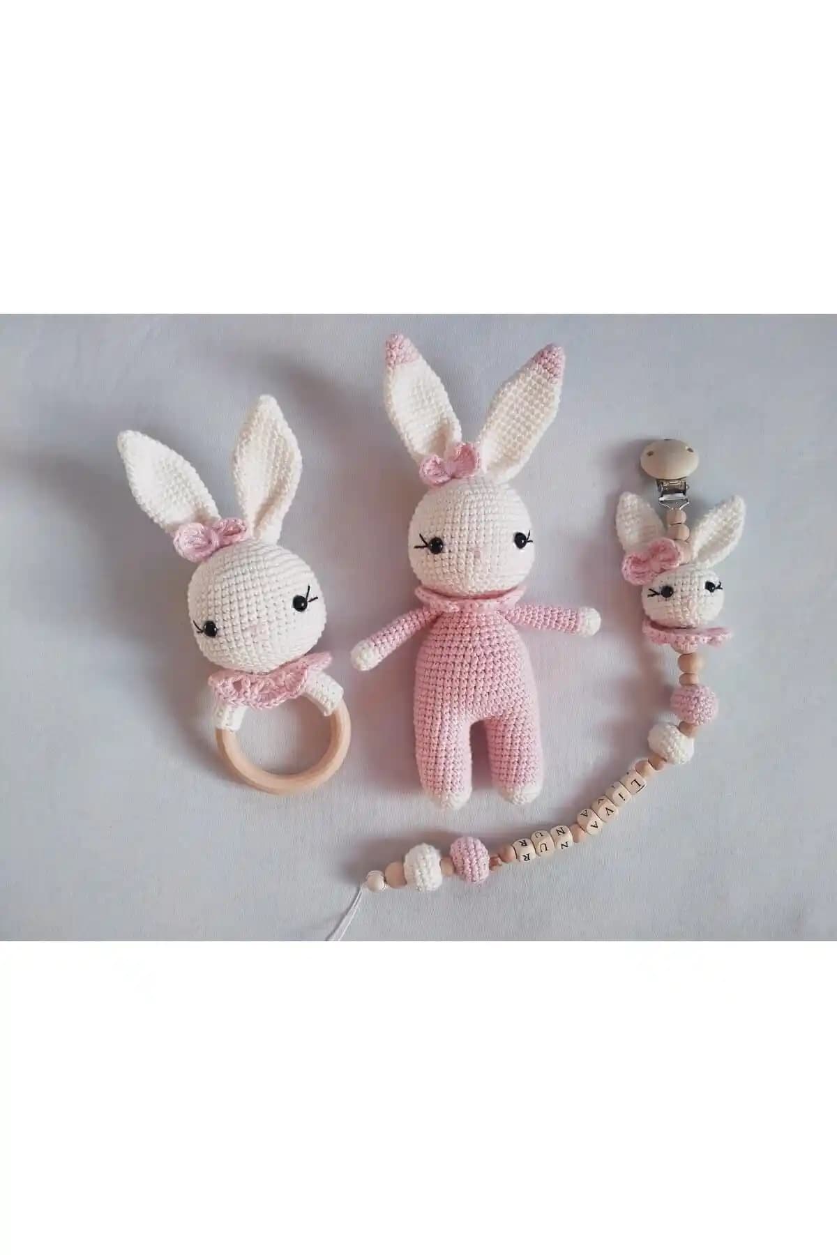 Amigurumitoys Kız Tavşan Yenidoğan Seti Organik Güvenli Çocuk Oyuncağı