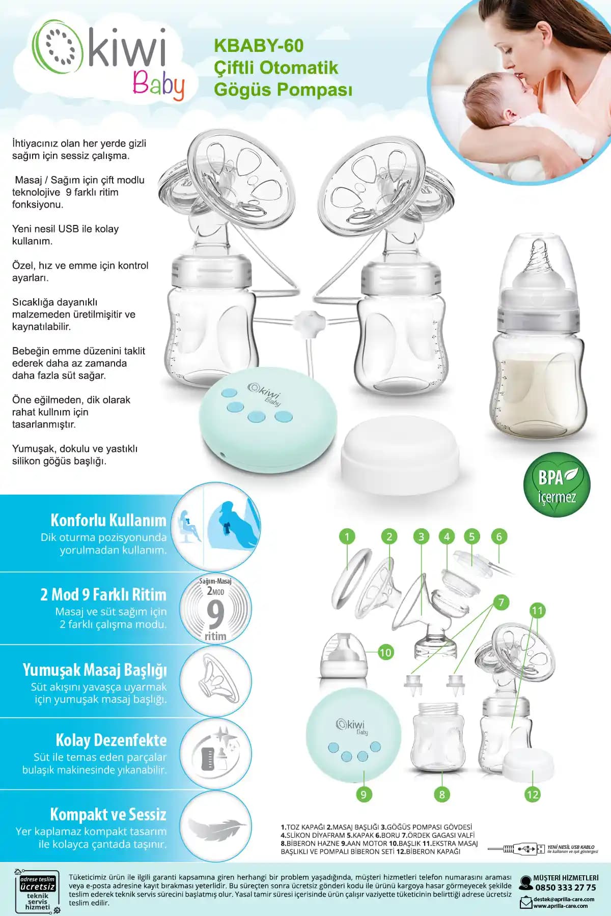 Kiwi Kbaby 60 Elektrikli Çiftli Göğüs Pompası: Yüksek Performans ve Kullanım Kolaylığı