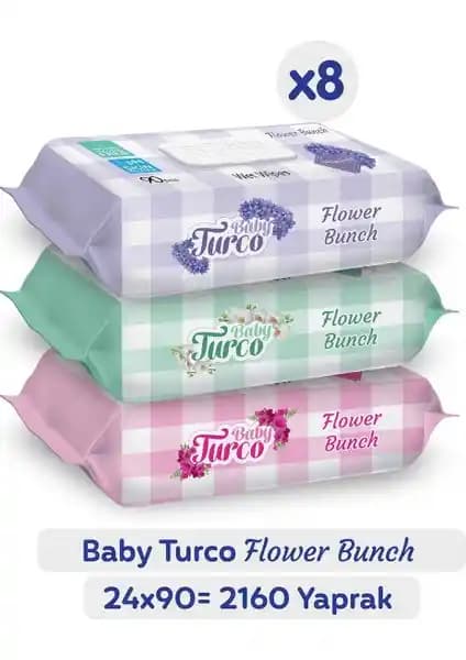 Baby Turco Flower Bunch Islak Havlu 2160 Yaprak, Hoş Kokusu ve Yumuşak Dokusuyla
