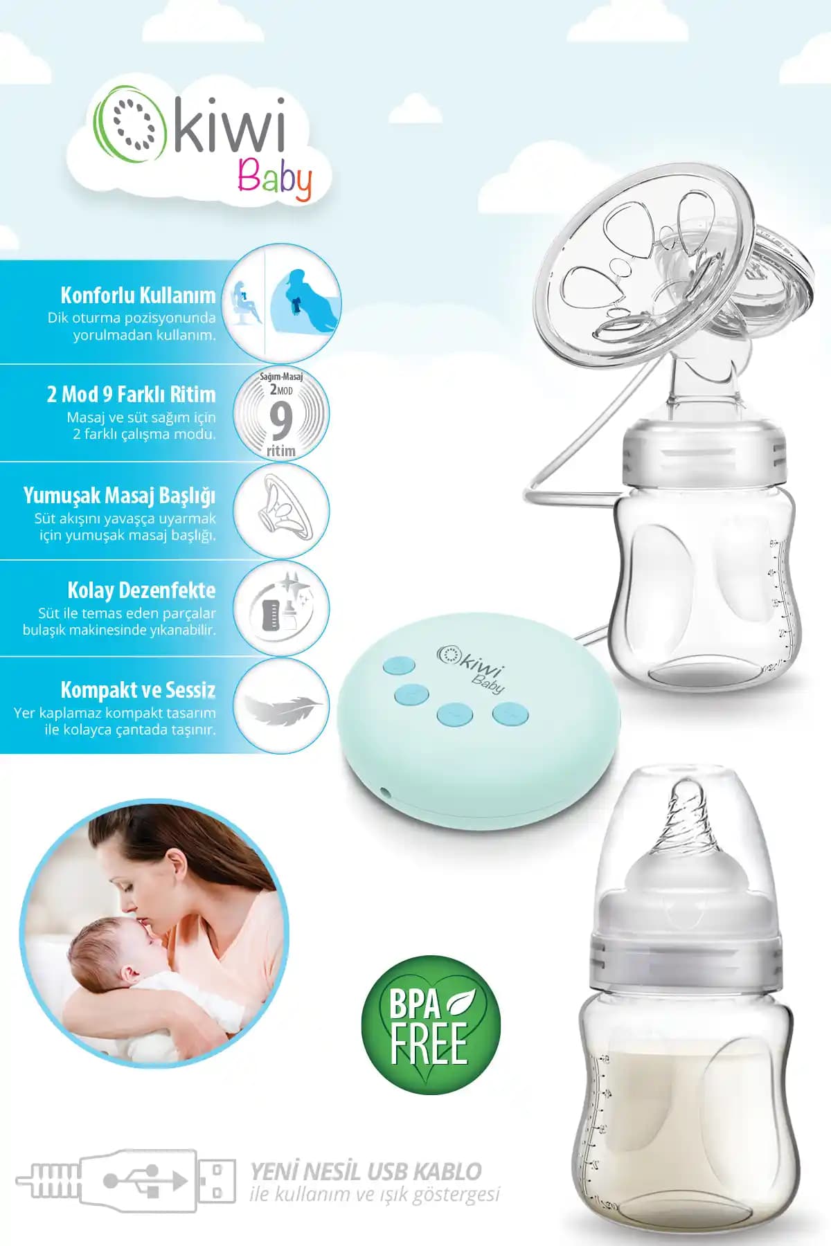 Kiwi Baby Kbaby 58 Elektrikli Göğüs Pompası: Kolay ve Hijyenik Emzirme Çözümü Türkiye Menşei