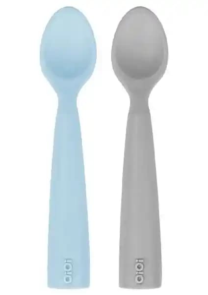OiOi Nam Nam Mineral Blue Powder Grey 2'li Silikon Bebek Kaşığı ve Yumuşak Uygun Tasarım