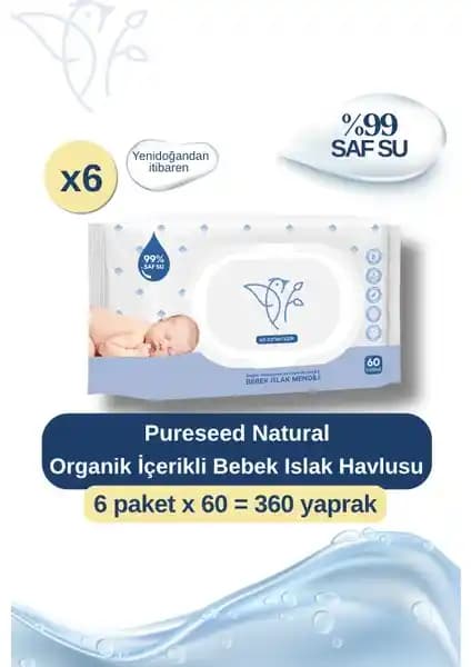 Pureseed Organik İçerikli %99 Saf Su Bebek Islak Mendili Güvenli ve Hassas Ciltler İçin