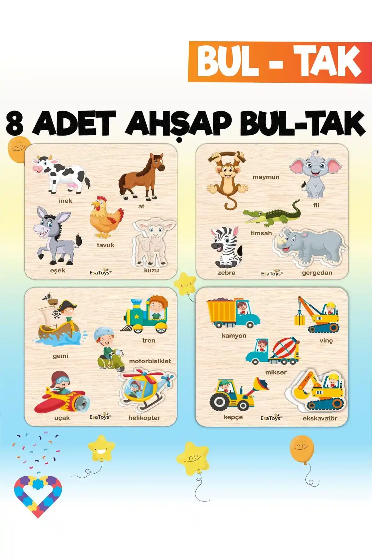 Esatoys Montessori 8’li Mega Bul-Tak Seti: Eğitici ve Eğlenceli Ahşap Oyun Seti