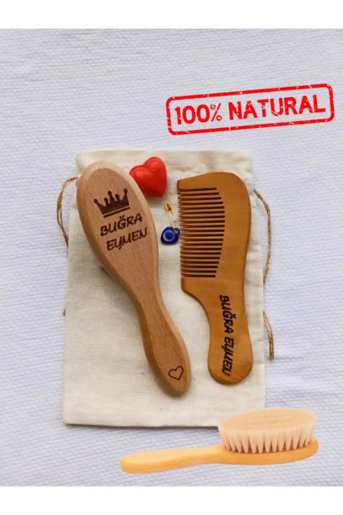 Fikirstore Isme Özel %100 Gerçek Keçi Kılı ve Ahşap Bebek Bakım Seti