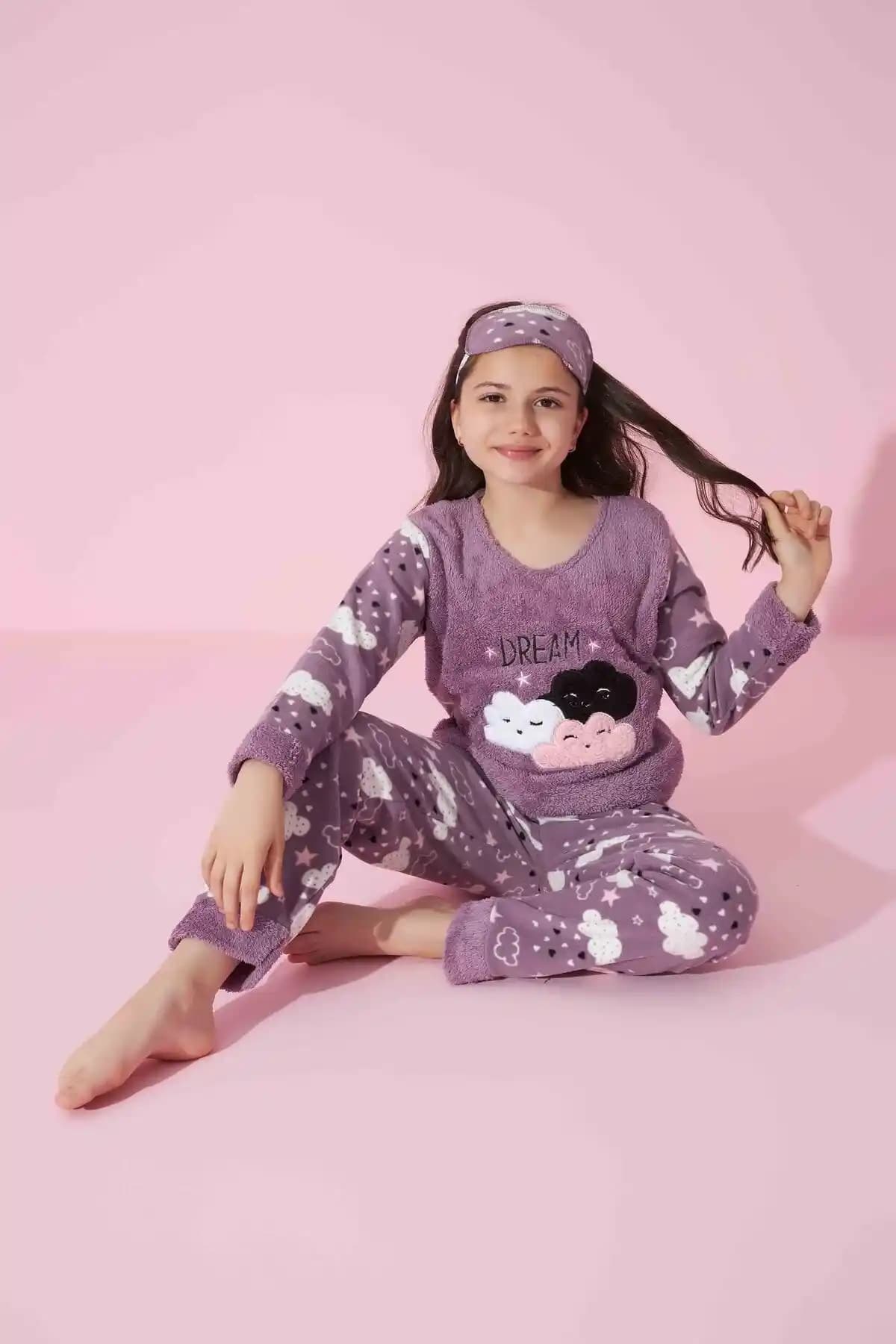 Tarık Kız Çocuk ve Gençler İçin Uzun Kollu Polar Pijama Takımı Yumuşak ve Sıcak Tasarım